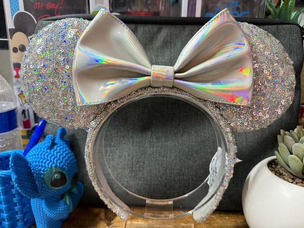 EUC Disney Parks Magic Mirror Silver Sequin Ear Headband with Holographic Bow